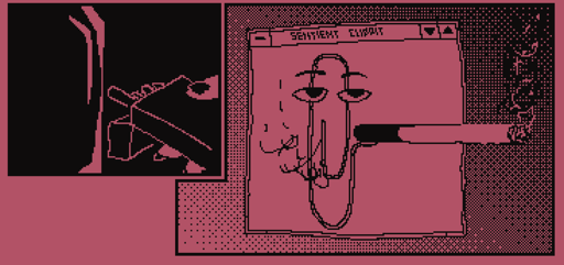 Clippit smoking a comically large cigarette in a win nt 3.51-ass window with title "sentient clippit"