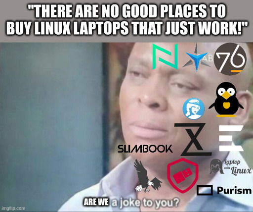 Meme of a guy saying "Are we a joke to you?" With the caption saying "There are no good places to buy Linux Laptops that just work!". The face of the guy is completely filled with different company logos, indicating there are a lot of Linux laptop vendors.