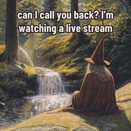 A wizard sits in a forest clearing, watching a waterfall. The text reads "can I call you back? I'm watching a live stream"