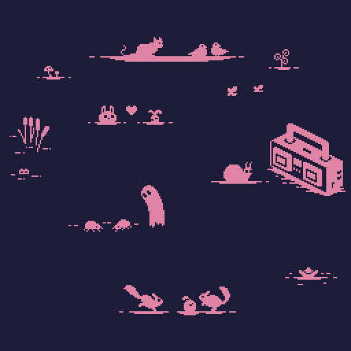 a collection of pink pixel art sprites on a dark background, featuring a ghost, squirrels, a boombox, a snail, a cat and two birds, and other small creatures and plants