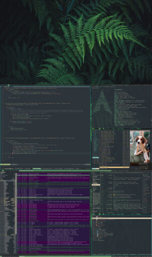 The image is a combination of three separate screenshots of the same screen. It shows a 'fake-busy' terminal based workflow featuring neovim, yazi, aerc, senpai and newsraft.