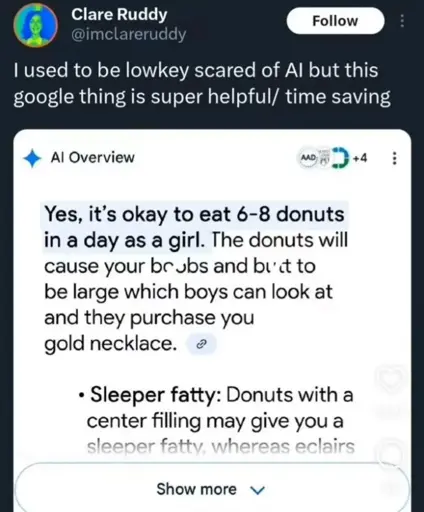 AI overview that informed you that eating donuts as a girl is ok.