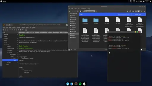 A computer desktop with a dark, skeuomorphic theme and a cool blue desert wallpaper. Three windows are open, a text editor with some information on the popular framework Svelte, a file manager showing some recently deleted files, and a terminal listing installed XLibre packages.