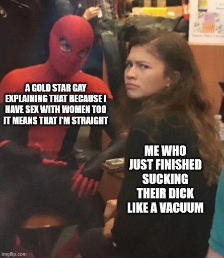 Spiderman explaining to Zendaya meme: Spiderman has the text, "A gold star gay explaining that because I have sex with women too it means that I'm straight," on them. Zendaya has the text, "Me who just finished sucking their dick like a vacuum," on them.