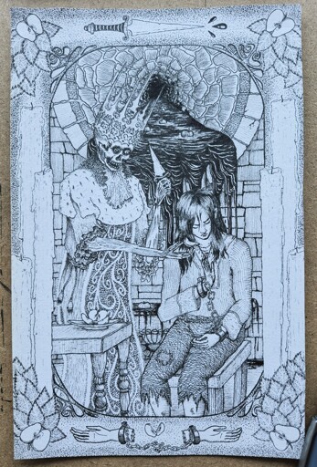 a black ink fineliner drawing. a skeleton-lich thing dressed in a tall crown and regal garments holds a dagger in one hand and offers a slice of apple to a prisoner sitting on a stool, who turns their head away and holds a shackled hand up in refusal. behind them a cavernous drain carries black sludge with apples floating in it, the sludge dripping down out of the wall to a large basin which is mostly obscured by the figures.  the scene is framed by marginalia of halved apples in each corner on a bushel of leaves, tall candles on each side, a dagger at the top and severed hands at the bottom kept together by shackles and chain with two slices of apple between them.  if you're thinking i did too much, you are correct. i need to learn to edit.