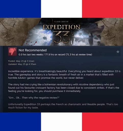 Steam Review: Not Recommended  0.0 hrs last two weeks / 77.9 hrs on record (71.3 hrs at review time)  Incredible experience. It's breathtakingly beautiful. Everything you heard about expedition 33 is true. The gameplay and story is a fantastic breath of fresh air in a market that's filled with horrible AAAA+ games that promise the world, but never deliver.  The story had me crying like a bohemian revolutionary with nicotine dependency who just found out his favorite croissant factory has been closed due to consistent strikes. If that's the feeling you're looking for, you should purchase it immediately  "Errr... Ok... Then why the negative review?"  Unfortunately Expedition 33 portrays the French as charismatic and likeable people. That's too much fiction for my taste.