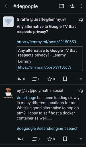 My timeline on the hastag #degoogle showing a post from @degoogle@lemmy.ml community and a random microblogging post that actually contains the hastag itself